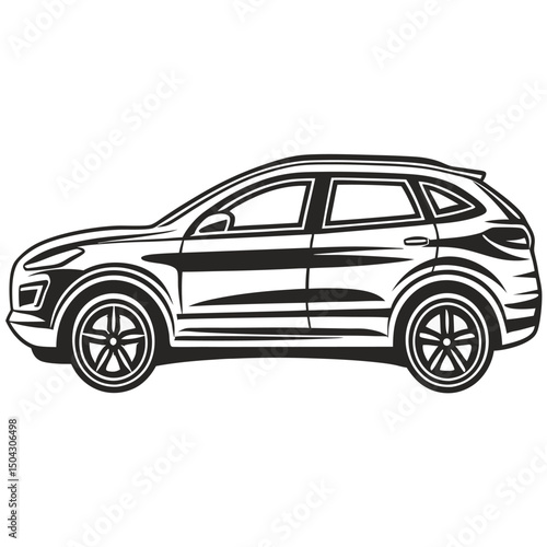 Black and white illustration of a modern suv car silhouette side view design.