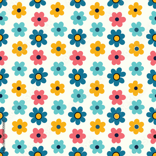 Colorful floral pattern in repeating arrangement on cream background for textile designs.