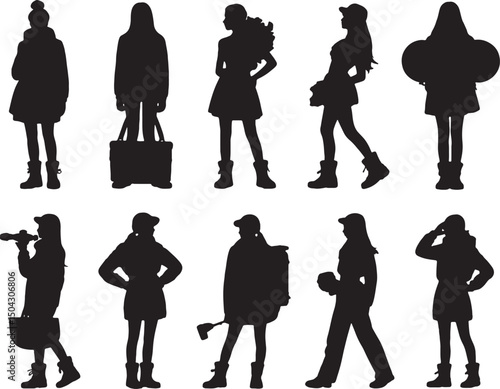 Silhouettes of women in various poses and outfits
