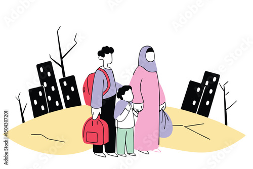 Vector art of a struggling refugee family with bags, fleeing through a destroyed cityscape, emotional migration scene
