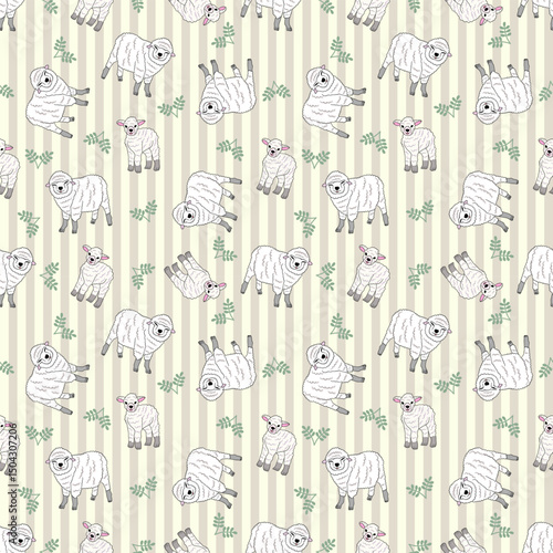 Cute sheep pattern on striped background