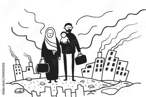 Homeless refugees journey past ruined buildings, line art illustration depicting crisis, poverty, and hope for safety