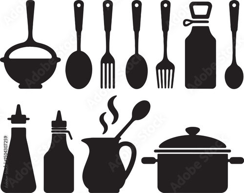 Kitchen utensils cooking icons silhouettes set