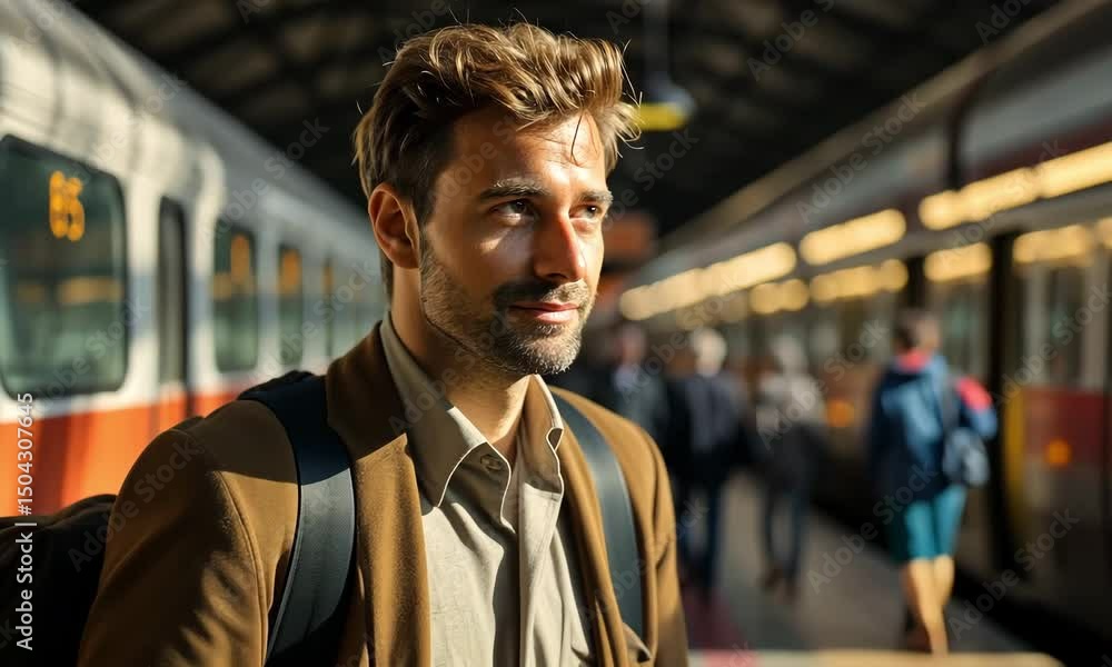 In a vibrant train station, a young man smiles while waiting, surrounded by fellow travelers making their way to exciting destinations In a vibrant train station, a young man smiles while waiting, surrounded by fellow travelers making their way to exciting destinations