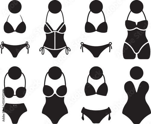 Stylish swimsuit icons set fashionable beachwear