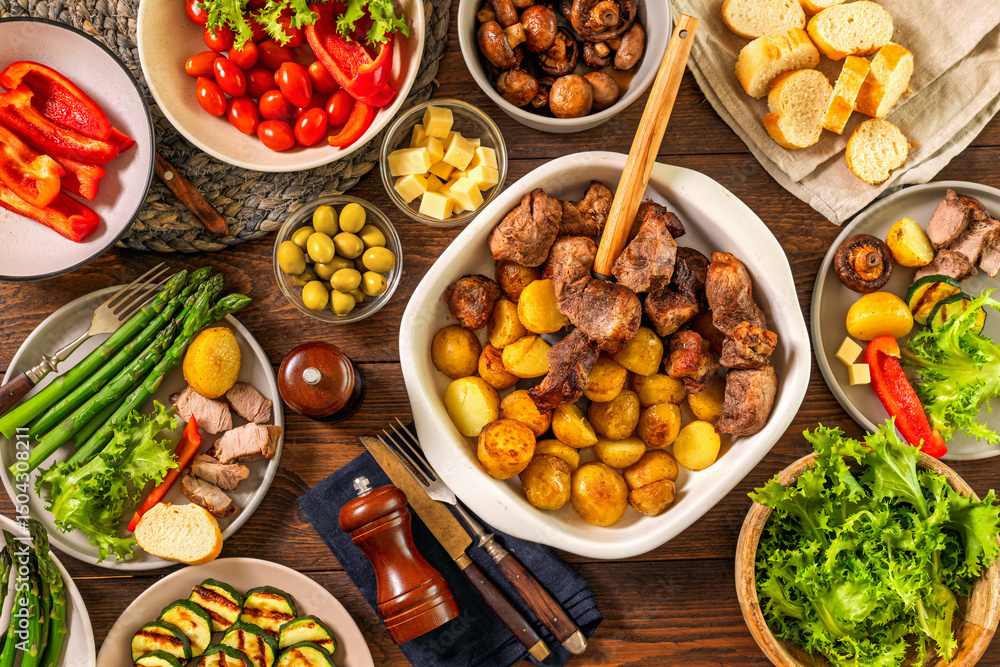 Top view of family dinner table with roasted meat and potatoes in ceramic dish surrounded by fresh vegetables mushrooms cheese olives and bread on wooden surface Top view of family dinner table with roasted meat and potatoes in ceramic dish surrounded by fresh vegetables mushrooms cheese olives and bread on wooden surface