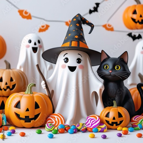 Happy Ghost Witch and Black Cat with Pumpkins and Candy – Cute Halloween Illustration