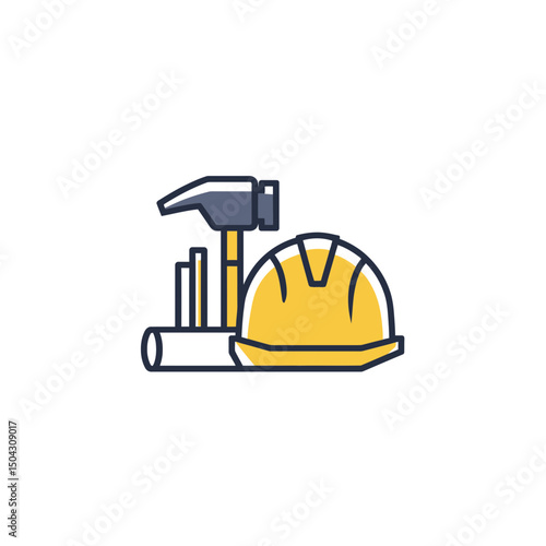 Construction hammer displays blueprint helmet icon design