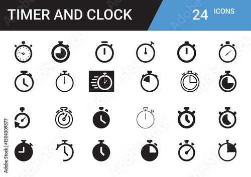 Timer and Clock Icons: A clean, modern collection of clock and timer icons, perfect for various applications. This versatile graphic provides clear, concise visual representations of time measurement.