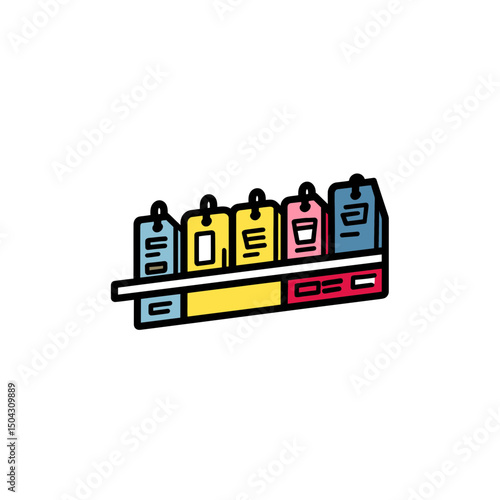Colorful tags hanging display retail store product information