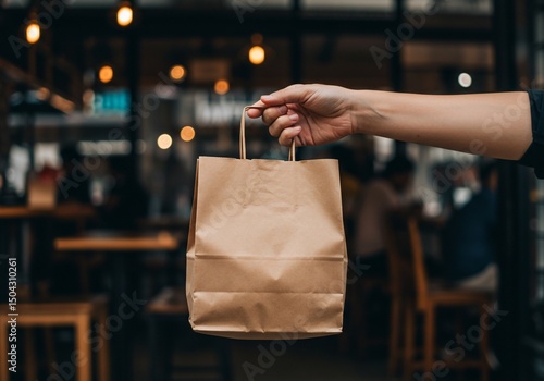 Holding paper bag takeaway outside café with blurred customers inside, for mockup
