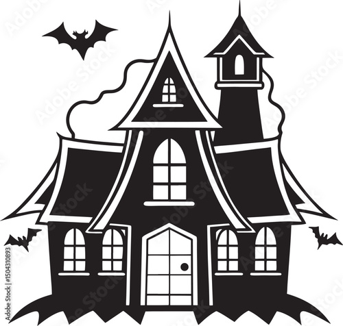 Vector cartoon illustration of a hunted old house, castle, or building in a town or village with a medieval tower silhouette design