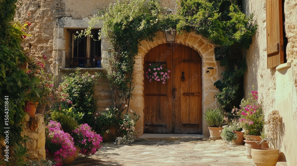 Fototapeta premium Garden-covered entrance to a sun-kissed French village home, complete with vintage wood door and floral charm