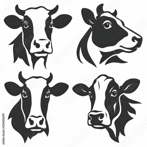 cow head portrait, set of stylized vector symbols
