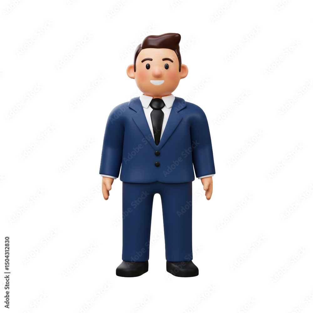 A stylized 3D rendering of a businessman wearing a blue suit and black tie against a clean white background, presented with smooth surfaces and soft shadows A stylized 3D rendering of a businessman wearing a blue suit and black tie against a clean white background, presented with smooth surfaces and soft shadows