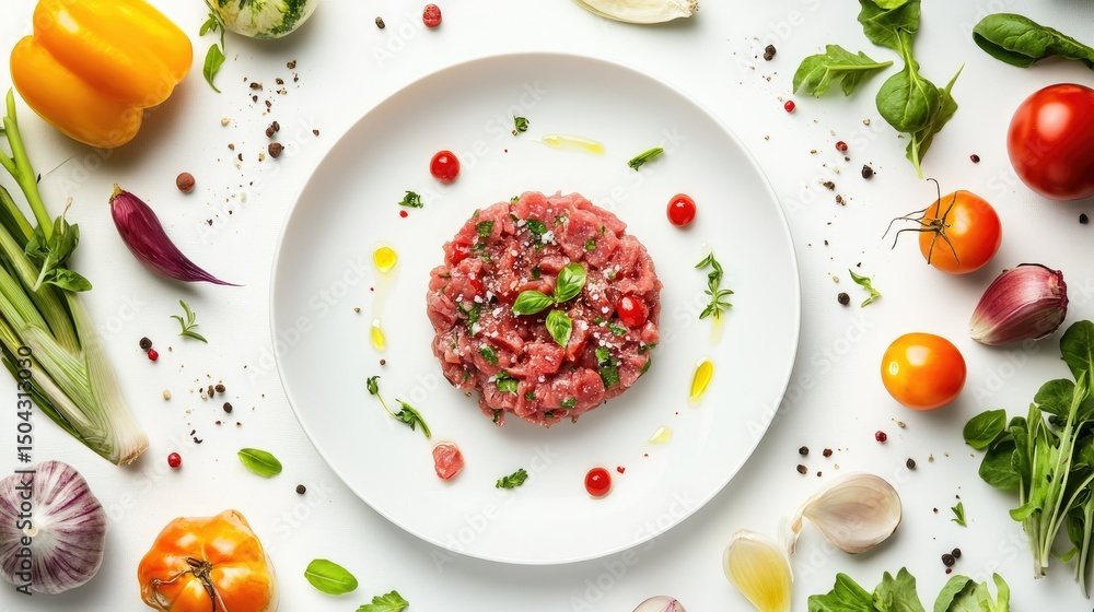 Gourmet beef tartare surrounded by fresh vegetables, plated for fine dining and shot in flat lay style Gourmet beef tartare surrounded by fresh vegetables, plated for fine dining and shot in flat lay style