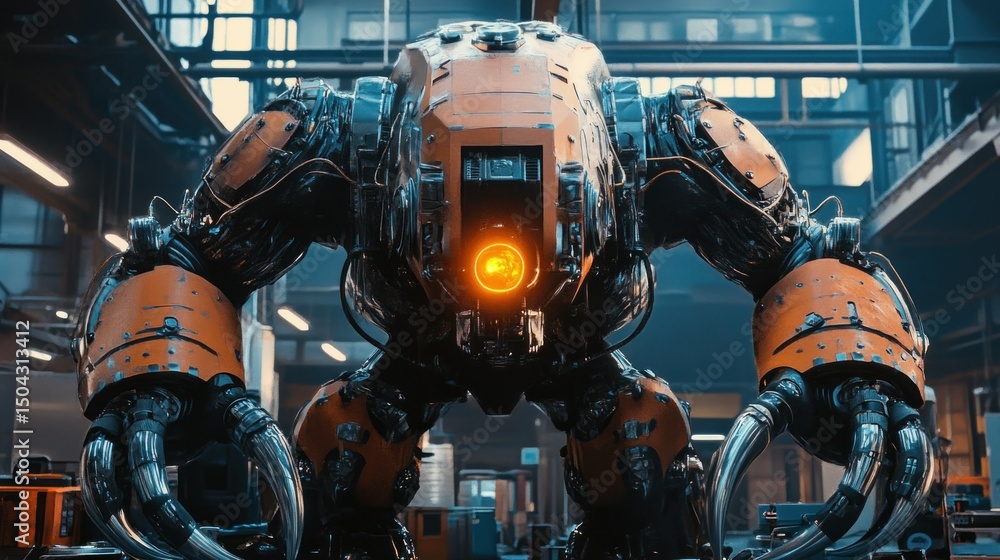 Fototapeta premium A fearsome cybernetic giant with huge steel fangs, a glowing power core robot, background wallpaper AI generated image