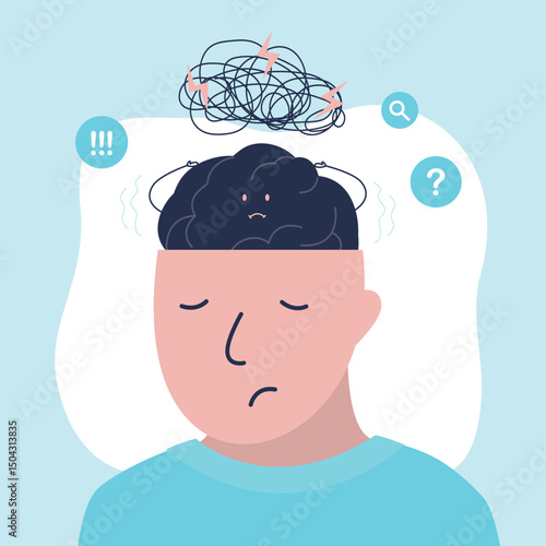 Confused, anxious and stressed brain. Сharacter sleeping, but mind with nervous problem feels anxiety and confusion. Concept of mental disorder and chaos in consciousness.