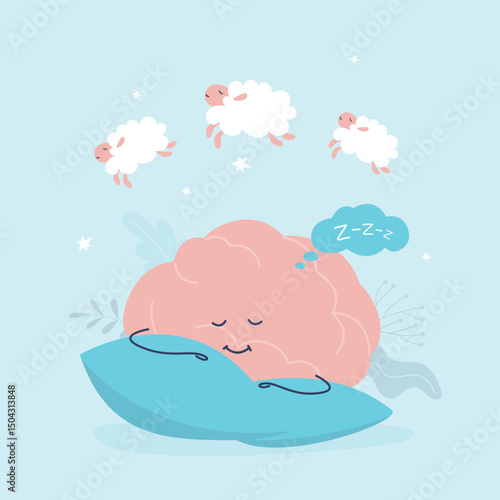 Human brain character has a healthy sleep in the bed. Brain mascot lying on pillow and counting sheep to fall asleep, mind want sleep and relax. Bedtime,