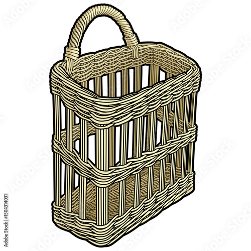 Cartoon hand drawn wicker basket isolated on white background. Vector doodle illustration