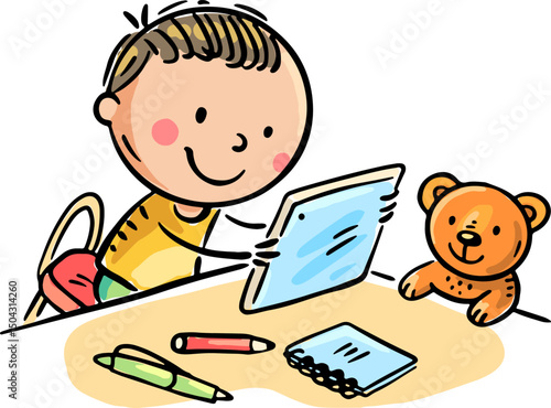 Cute little child is engaged in creativity. The boy draws with pencils. Kids activities clipart