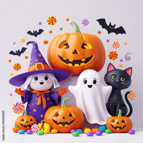 Cute Witch, Ghost, Black Cat, and Pumpkins with Halloween Candy