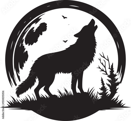 Black wolf vector illustration in the wild woods with a nature silhouette of a canine mammal