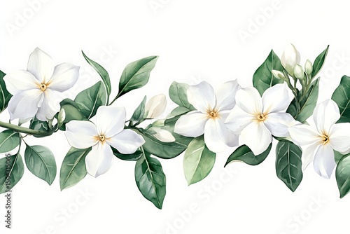 Fototapeta Naklejka Na Ścianę i Meble -  Watercolor Border with White Jasmine Flowers, Buds and Green Leaves on White Background