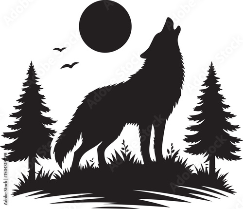 Black wolf vector illustration in the wild woods with a nature silhouette of a canine mammal