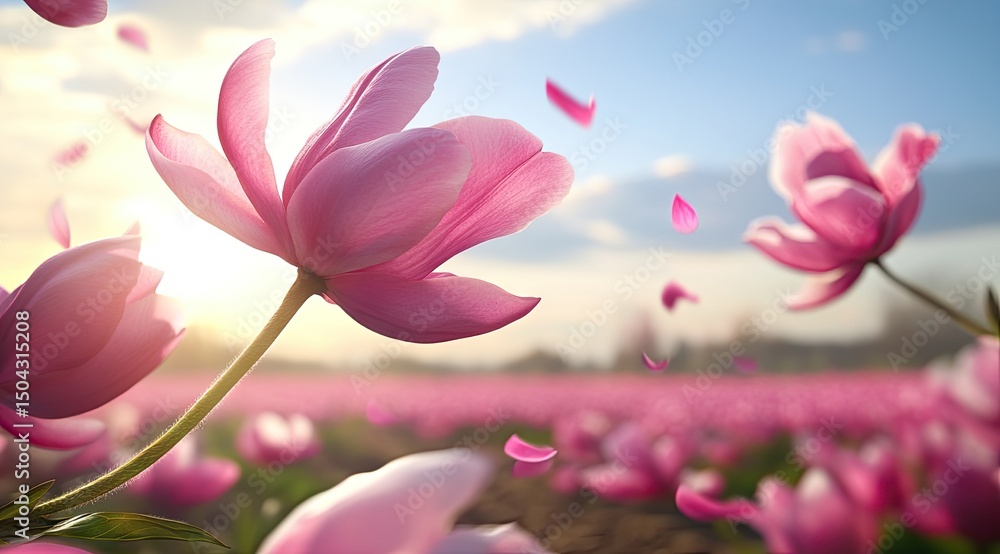 Fototapeta premium Pink tulips in a field, petals swirling in the breeze