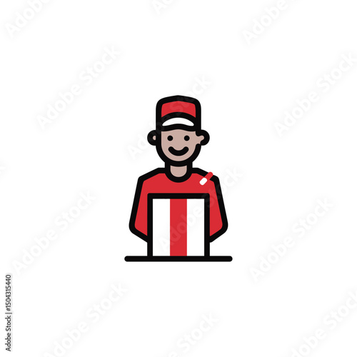 Smiling porter displays package indoors service profession illustration