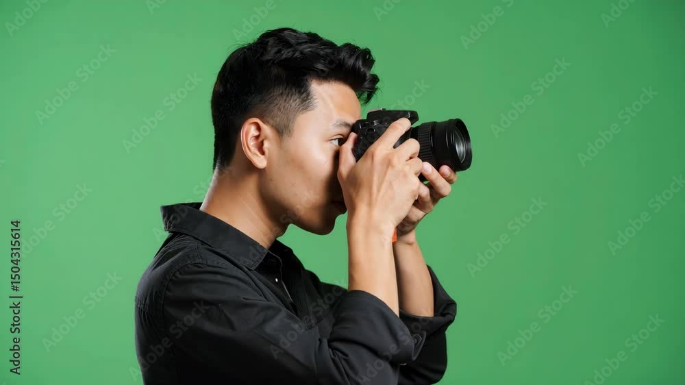 Man holding professional camera capturing stunning landscape photo in outdoor natural setting Man holding professional camera capturing stunning landscape photo in outdoor natural setting
