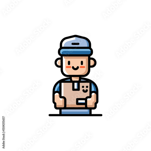 Smiling deliveryman holds box indoors cartoon illustration graphic