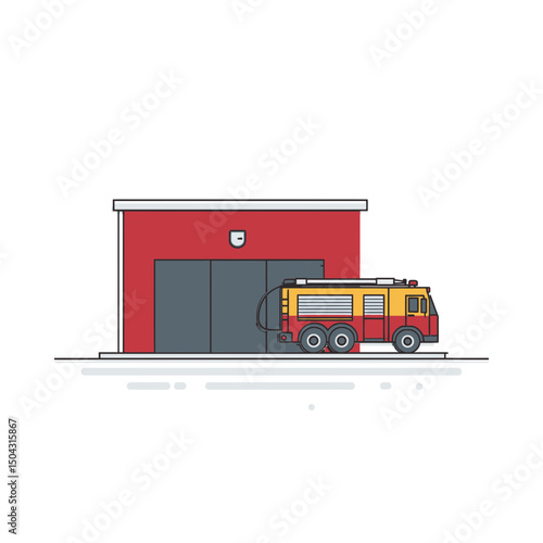 Red firetruck parks beside firehouse urban minimal style