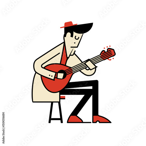 Guitarist strums mandolin passionately indoors simple chair sitting style