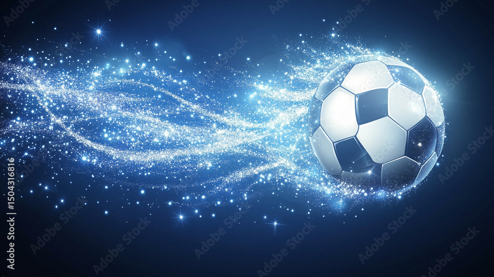 Naklejka premium A dynamic soccer ball made of glowing dots and lines bursts into action against a dark blue background filled with stars and geometric forms.
