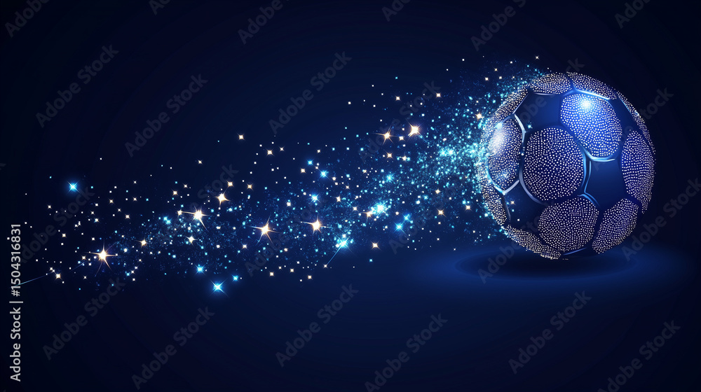 Naklejka premium On a deep blue backdrop, a soccer ball composed of sparkling lines, dots, and shapes appears in motion, surrounded by shimmering stars.