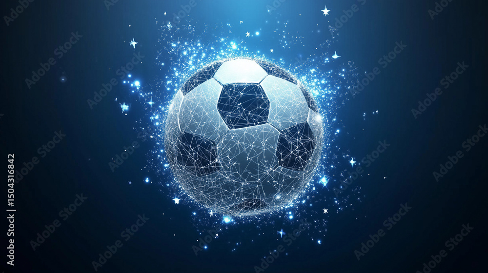 Naklejka premium This futuristic scene shows a soccer ball in action, designed with digital dots, lines, and geometric patterns on a dark blue starry background.