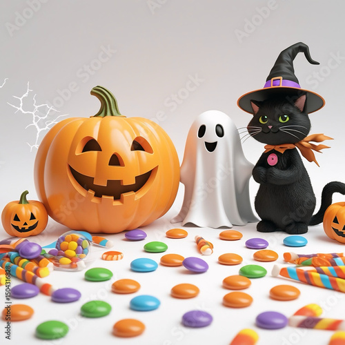 Cute Halloween Black Cat, Ghost, Pumpkin, and Candy Illustration