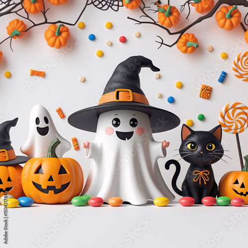Cute Halloween Ghost, Black Cat, and Pumpkins with Candy