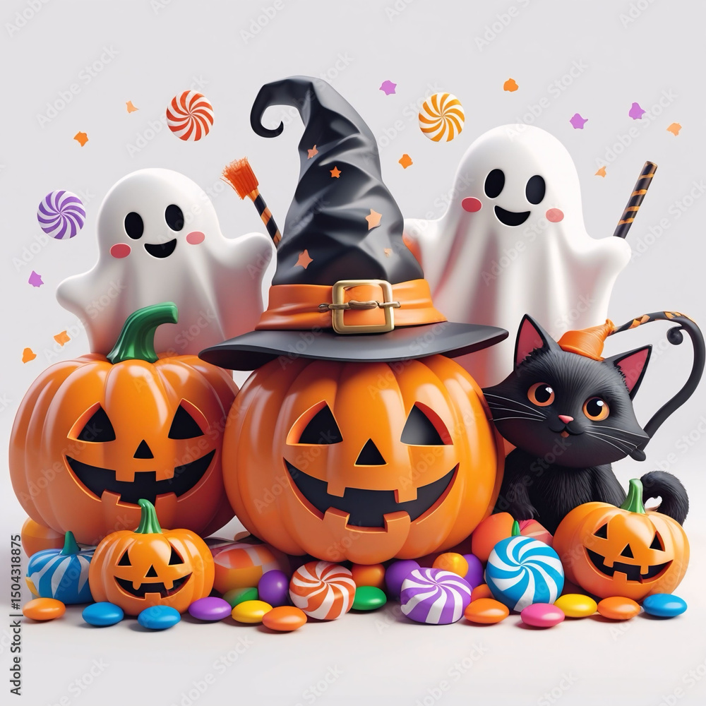 Obraz premium Cute Pumpkins, Ghosts, Black Cat, and Halloween Candy