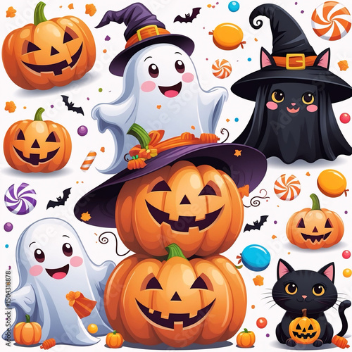 Cute Halloween Pattern with Ghosts, Pumpkins, Black Cats, and Candy