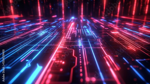 Holographic digital circuit network with red and blue neon lines, background wallpaper AI generated image