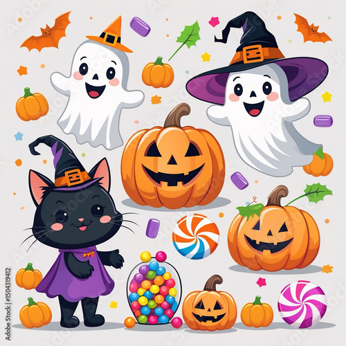 Cute Halloween Cat, Ghosts, and Pumpkins with Candy Illustration