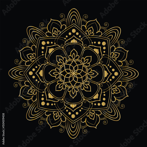 Elegant Golden Mandala Art on Black Background Intricate Floral Design and Spiritual Symbolism