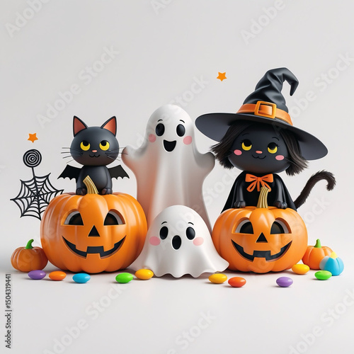 Cute Halloween Black Cats, Ghosts, and Pumpkins with Candy