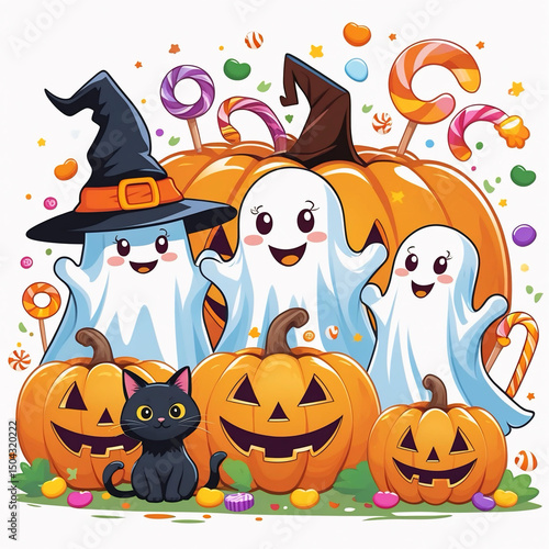 Cute Halloween Ghosts and Black Cat with Pumpkins and Candy
