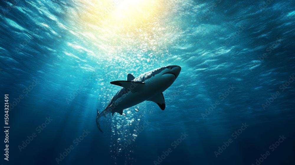 Fototapeta premium Action shot of diver in open ocean with bubbles, shark in distance,