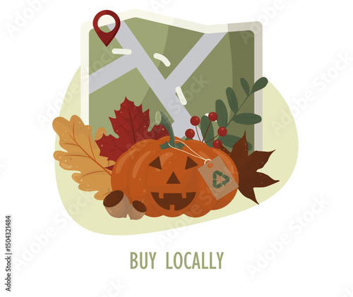 Buy Local Halloween Pumpkins Map Location Guide isolated on transparent background. Local shopping concept. Halloween seasonal purchasing. Responsible halloween. Flat style. Vector illustration
