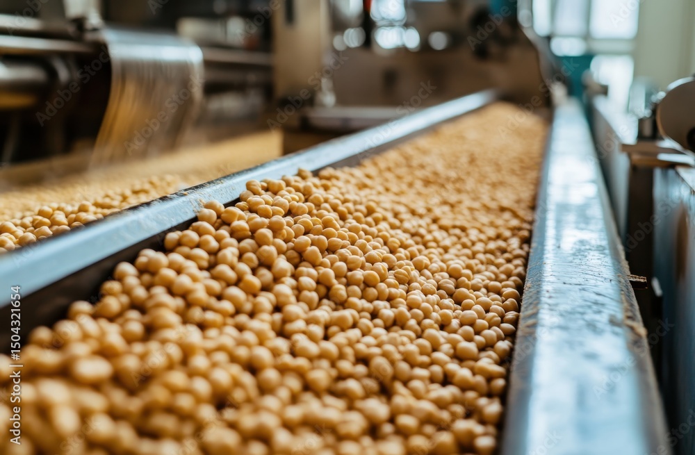 Agriculture facility conveyor transporting soybeans for processing Agriculture facility conveyor transporting soybeans for processing